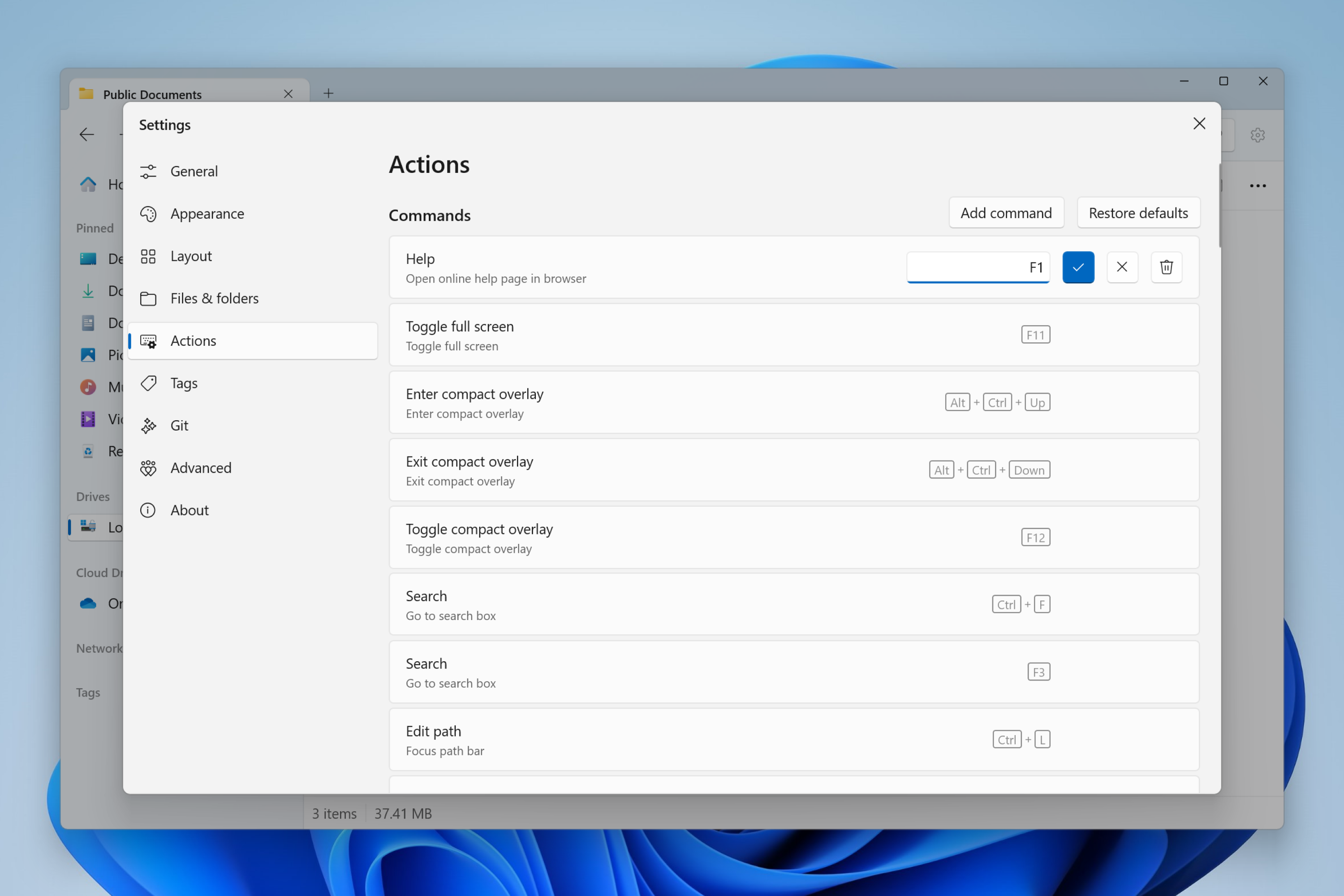Actions settings page