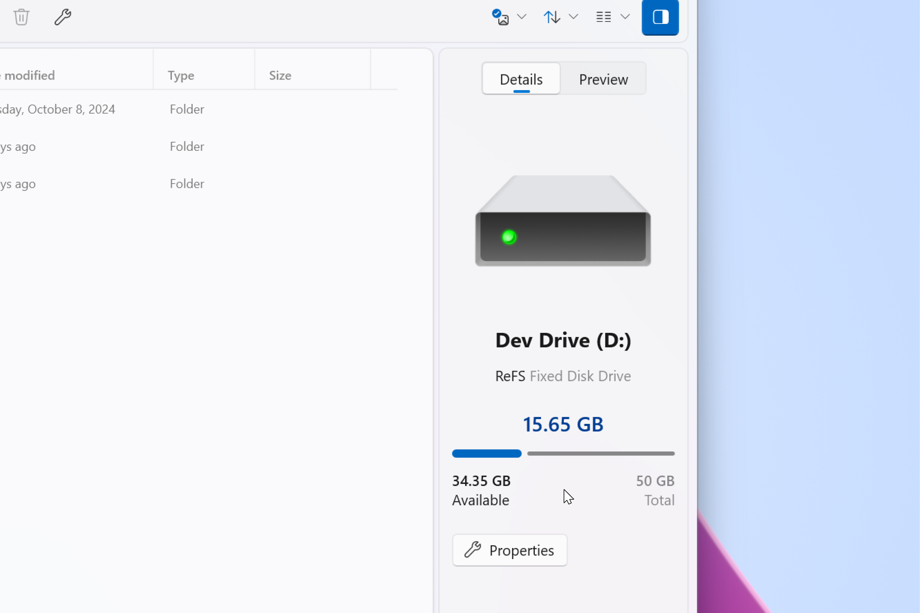 Drive storage details in the Details Pane