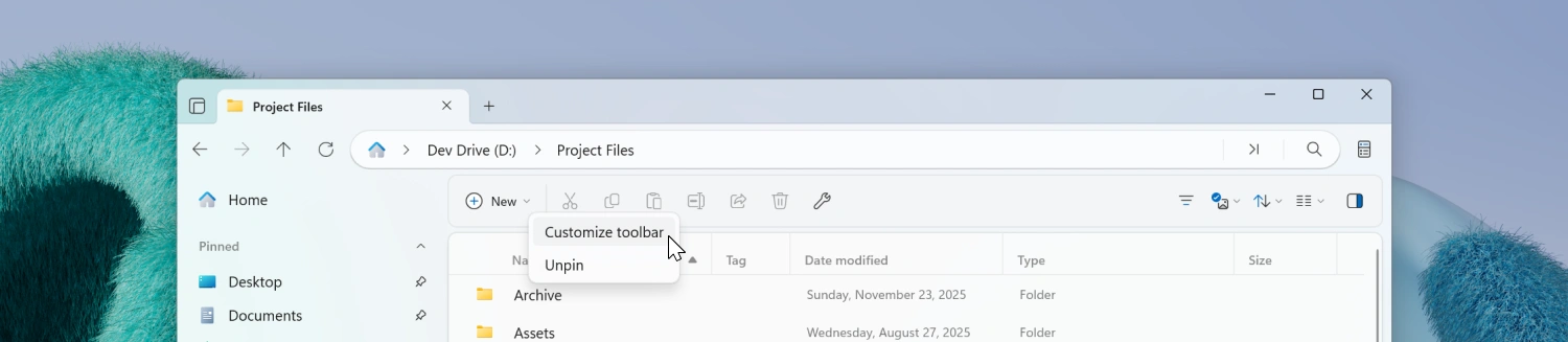 Toolbar context menu