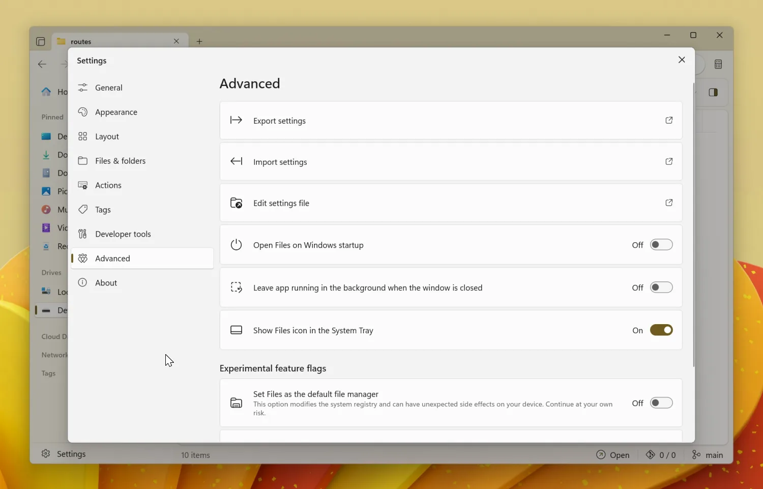 Advanced settings page